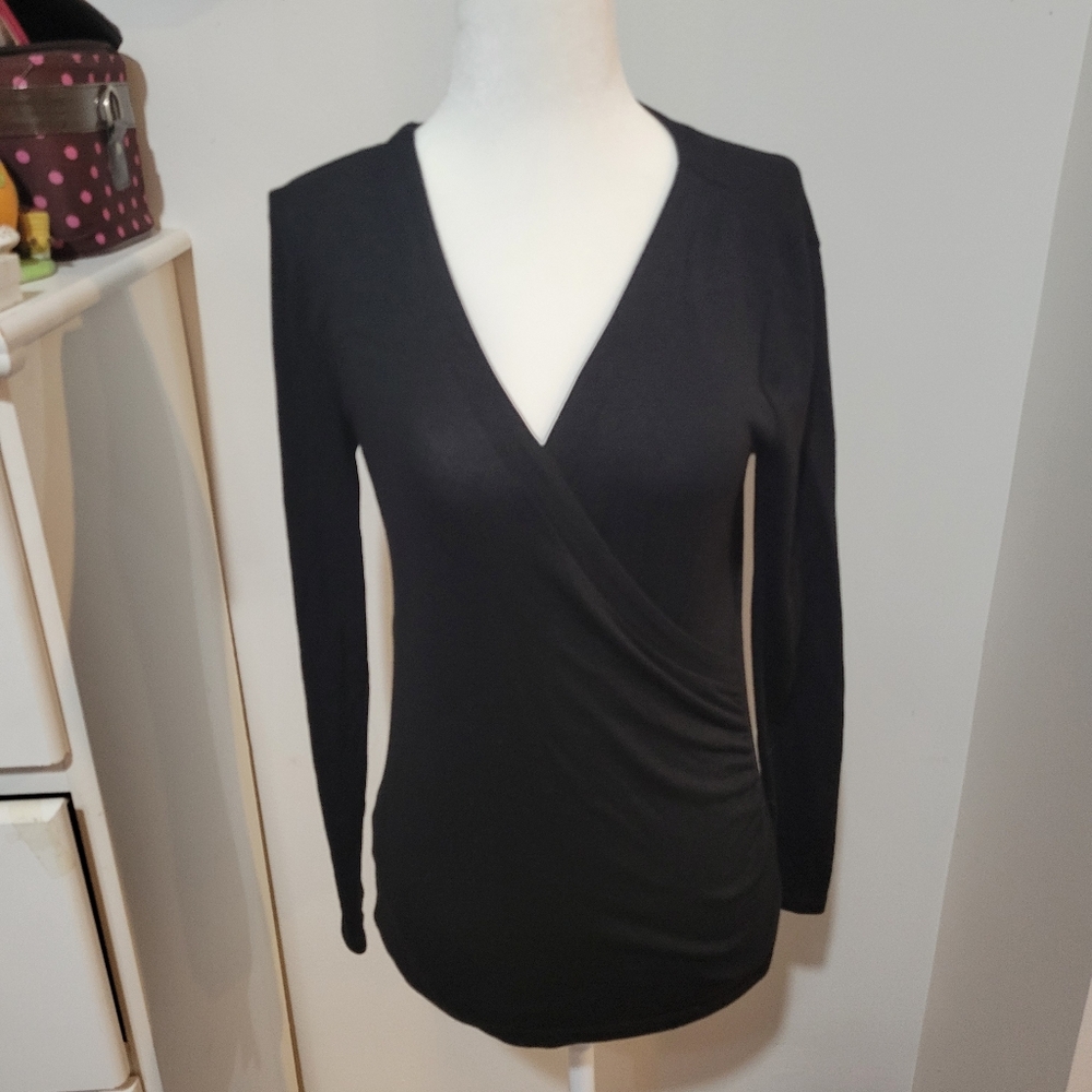 LOFT black Faux Wrap Long Sleeve V Neck Blouse Workwear Goth |sz SP